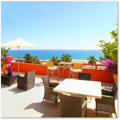 Penthouse villa terrace at Sueno Del Mar overlooking the Pacific Ocean in Huatulco.